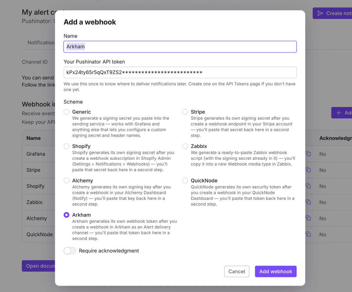 Pushinator add webhook dialog with the Arkham scheme selected