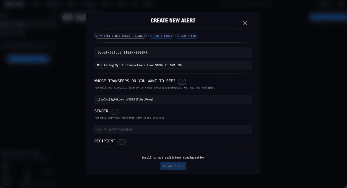 Arkham Create New Alert dialog: name, description, and the address/entity to watch