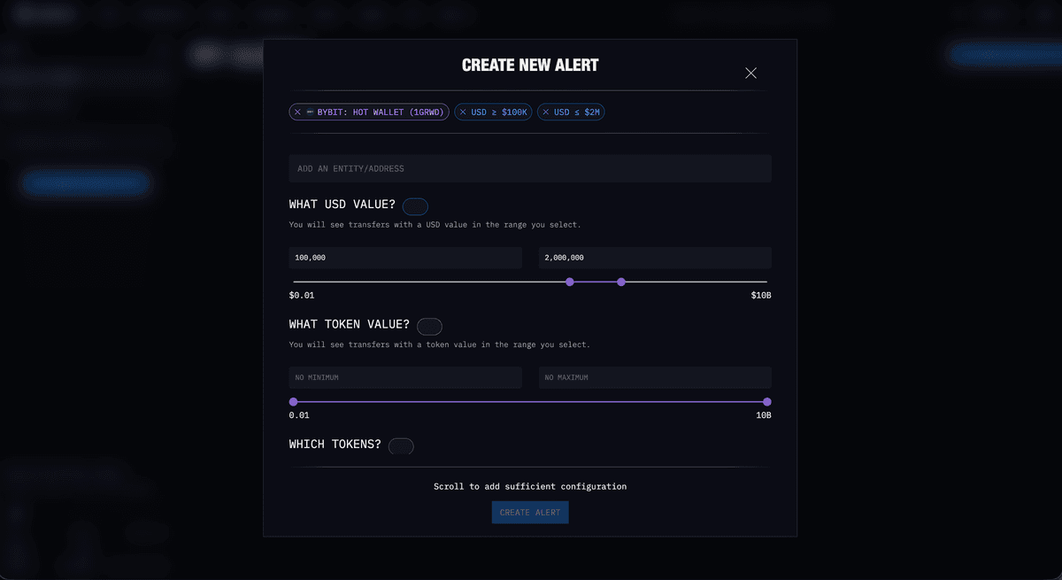 Arkham Create New Alert dialog: USD value range and token value filters
