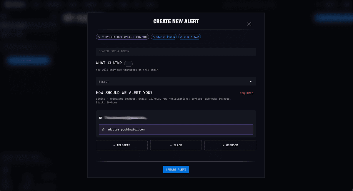 Arkham Create New Alert dialog: chain filter and the notification method list with Arkham's own rate limits