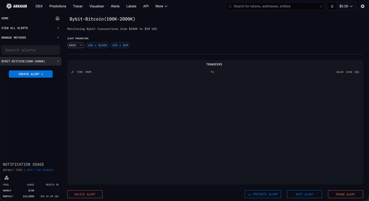 Arkham alert overview page showing alert parameters, transfers, and the account's hourly/monthly Notification Usage