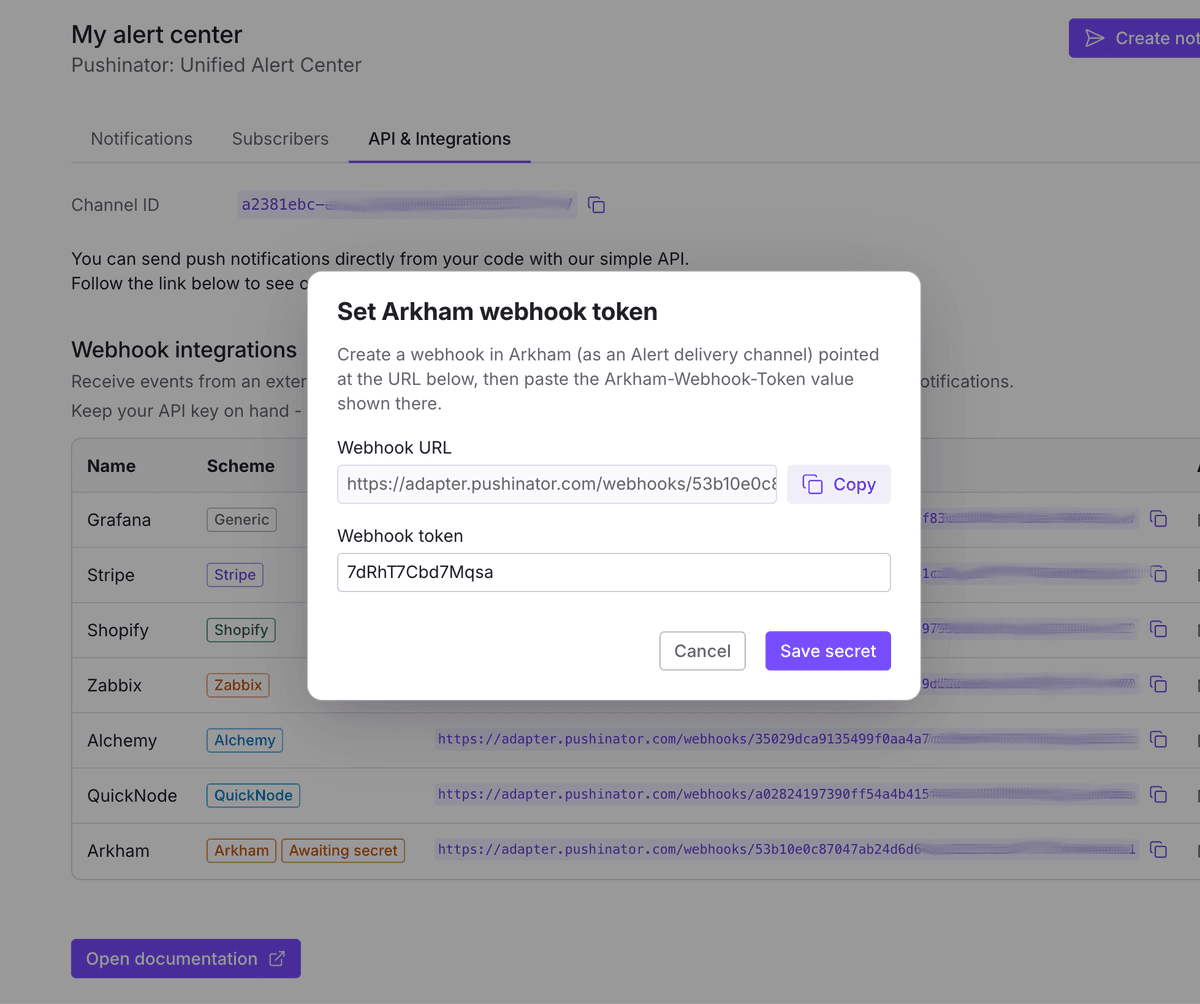 Pushinator set Arkham webhook token dialog