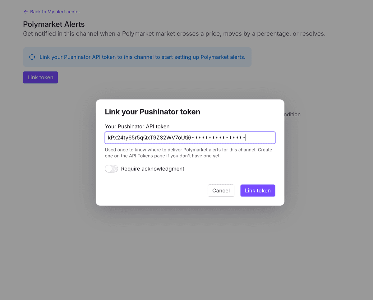 Pushinator Polymarket Alerts page prompting to link a Pushinator API token