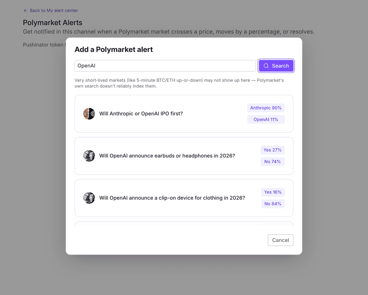 Pushinator market search results with an outcome button showing its current price