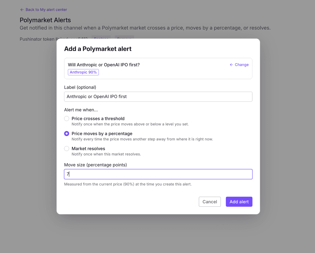 Pushinator condition setup form with price threshold, percentage move, and resolution options