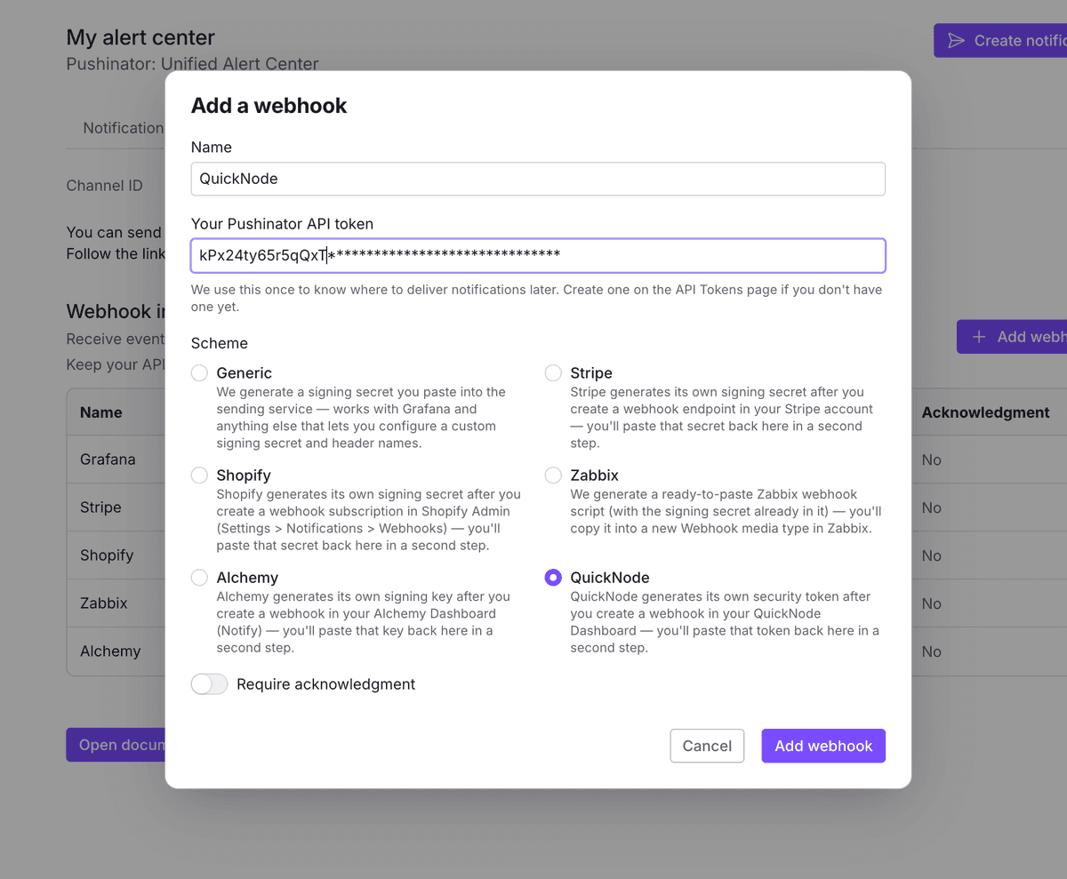 Pushinator add webhook dialog with the QuickNode scheme selected