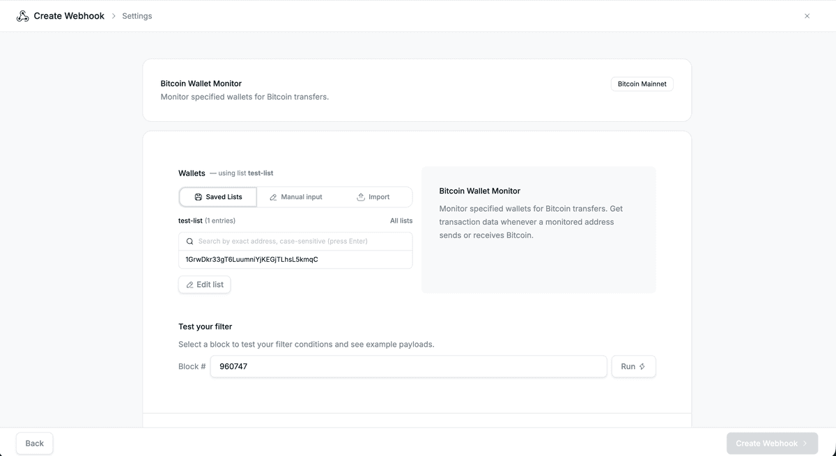 QuickNode Dashboard webhook creation screen with a Bitcoin Wallet Monitor template and a wallet list