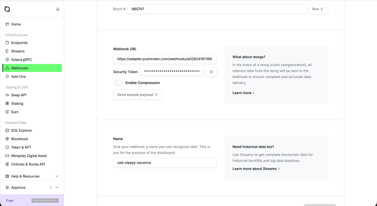 QuickNode Dashboard webhook creation screen with the Webhook URL, Security Token, and Send sample payload