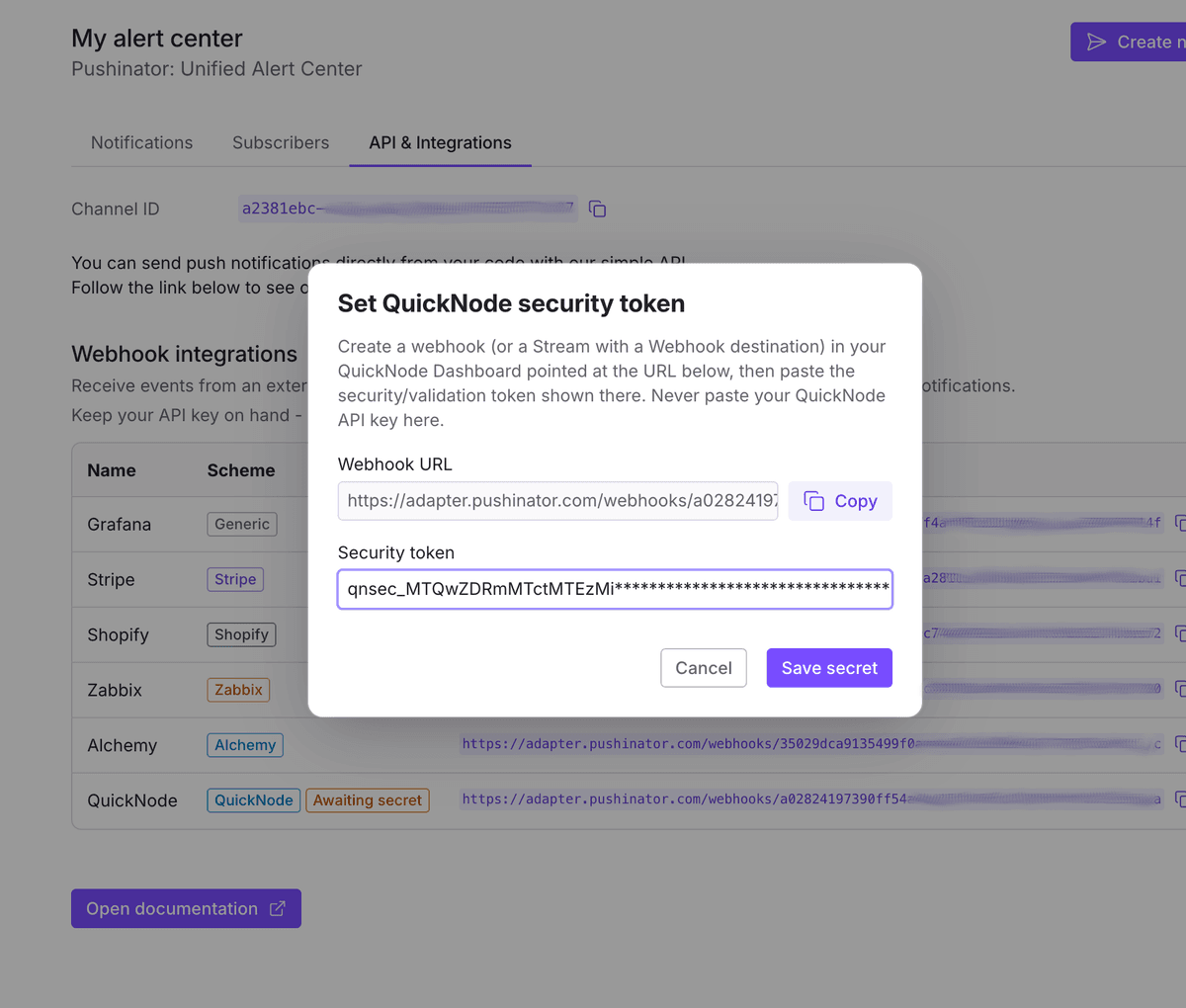 Pushinator set QuickNode security token dialog